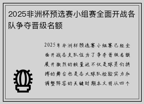 2025非洲杯预选赛小组赛全面开战各队争夺晋级名额