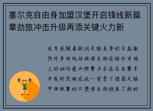塞尔克自由身加盟汉堡开启锋线新篇章劲旅冲击升级再添关键火力新